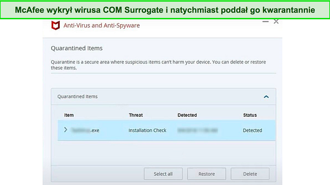 Zrzut ekranu przedstawiający plik złośliwego oprogramowania poddawany kwarantannie przez firmę McAfee