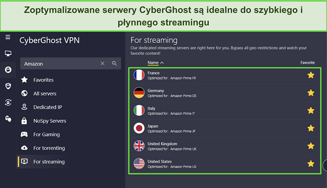 Zrzut ekranu z aplikacji CyberGhost dla systemu Windows pokazujący zoptymalizowane serwery dla Amazon Prime.