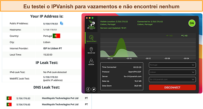 Captura de tela do teste de vazamento IPVanish.