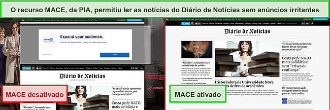 Captura de tela do PIA MACE removendo anúncios no site de notícias.