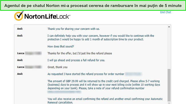 Captură de ecran a agentului de chat live al Norton care procesează o cerere de rambursare.