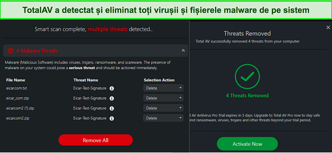 Captură de ecran cu TotalAV care elimină fișierele malware