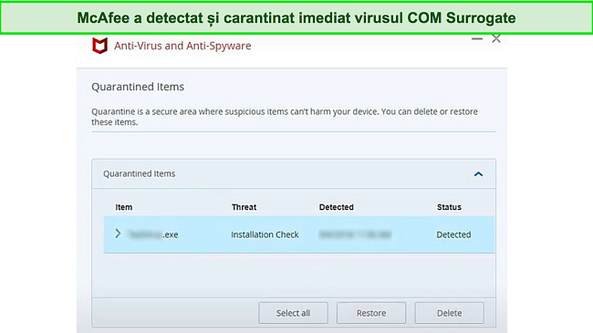 Captură de ecran care arată fișierul malware în carantină McAfee