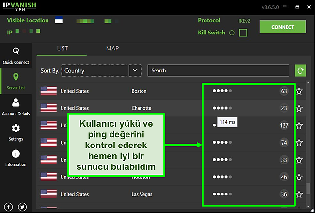 IPVanish sunucu ayrıntılarının ekran görüntüsü.