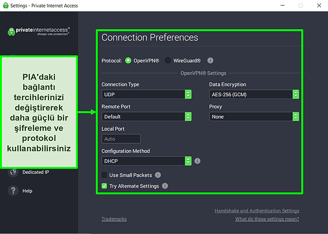PIA'nın özelleştirilebilir ayarlarının ekran görüntüsü.