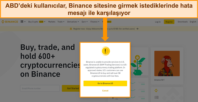 ABD kullanıcılarını Binance.US'a yönlendiren Binance hata mesajının ekran görüntüsü.