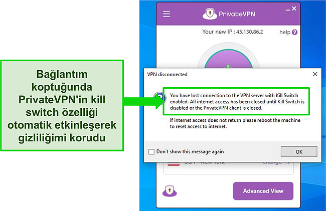 Özel VPN internet kapatma anahtarı iletişim kutusunun ekran görüntüsü.