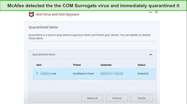 Screenshot showing McAfee quarantining malware file