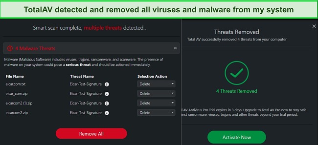 Screenshot of TotalAV removing malware files