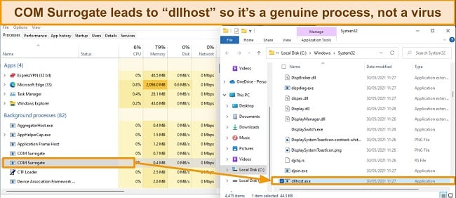 Screenshot showing COM Surrogate process leading to dllhost.exe