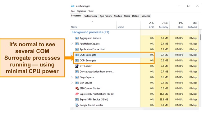 Screenshot of COM Surrogate process in Task Manager