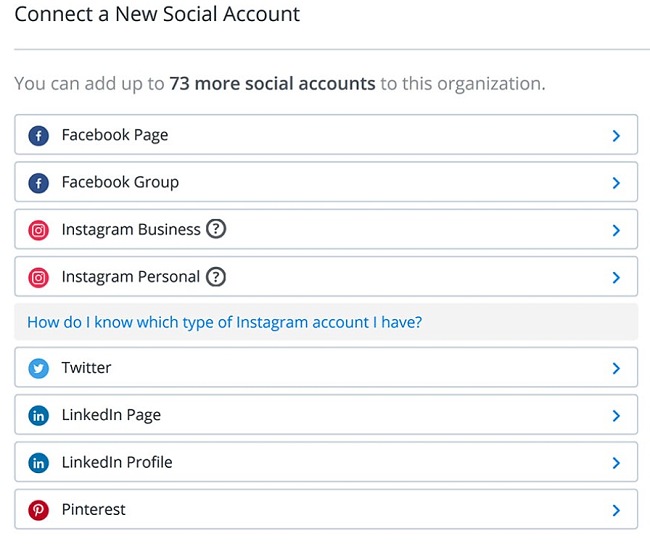 Buffer connecting social media accounts screenshot