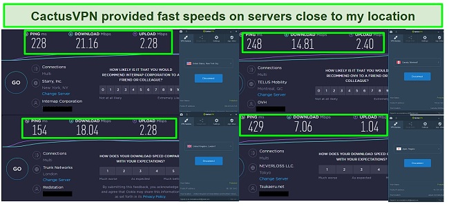 Screenshot of CactusVPN speeds in 4 locations