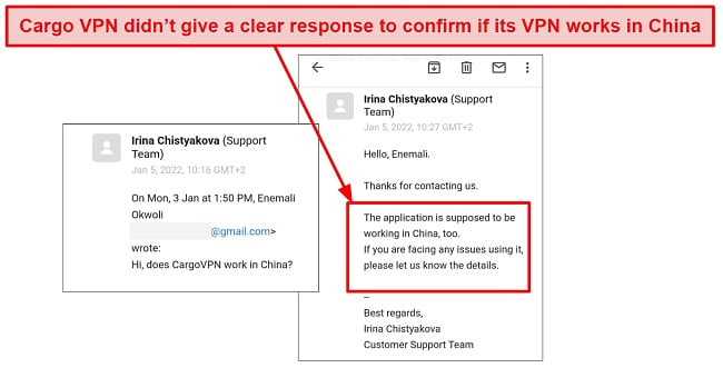Screenshot of Cargo VPN's feedback about China