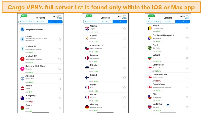 Screenshot of Cargo VPN server list on the iOS app