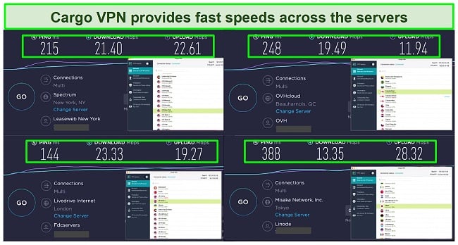 Screenshot of Cargo VPN speeds in 4 server locations