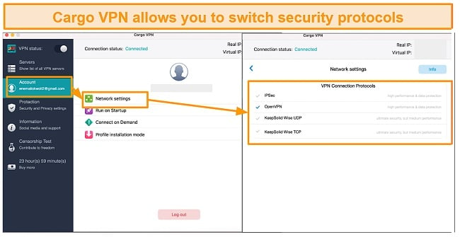 Switching security protocol on The Cargo VPN app