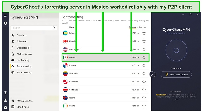 Screenshot of CyberGhost's torrenting server menu showing an option in Mexico