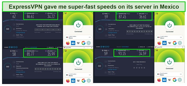 Screenshot of 4 ExpressVPN speed tests on servers in Mexico