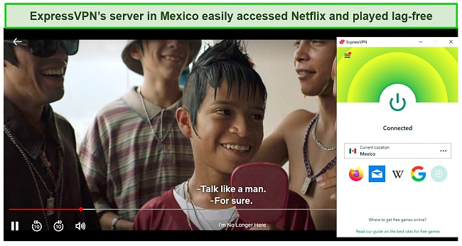 Screenshot of Ya No Estoy Aquí playing in Netflix while ExpressVPN is connected to a server in Mexico