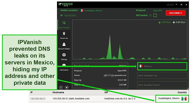 Screenshot of a passed DNS leak test while IPVanish is connected to a server in Mexico