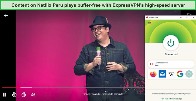 Screenshot of Franco Escamilla: Bienvenido al mundo playing on Netflix while ExpressVPN is connected to a server in Peru