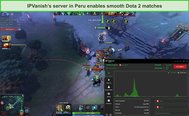 Screenshot of a Dota 2 match while IPVanish is connected to a server in Peru