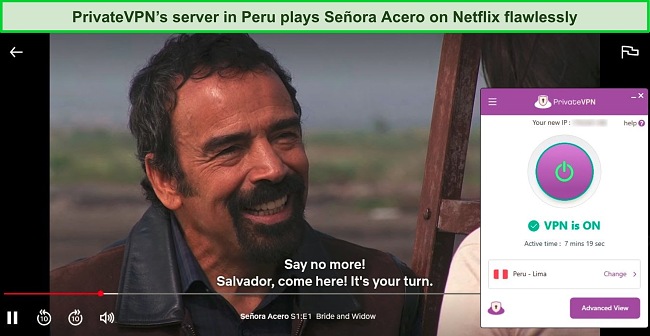 Screenshot of Señora Acero streaming on Netflix while PrivateVPN is connected to a server in Peru