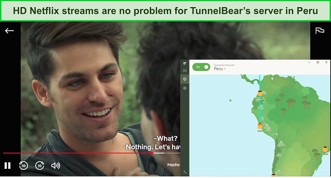 Screenshot of Macho streaming on Netflix while TunnelBear is connected to a server in Peru