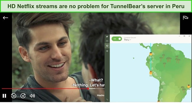 Screenshot of Macho streaming on Netflix while TunnelBear is connected to a server in Peru