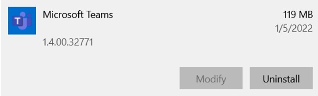 Snímek obrazovky odinstalace Microsoft Teams