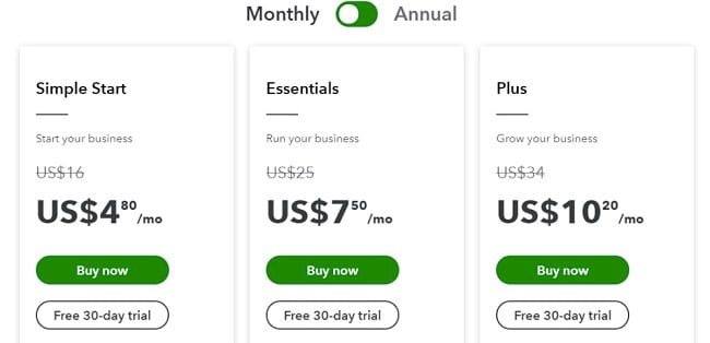 QuickBooks pricing screenshot