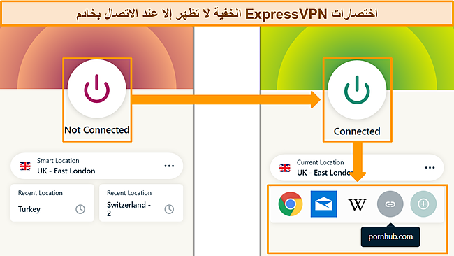Screenshots of ExpressVPN app connected and disconnected from a server, highlighting the app/website shortcuts menu.