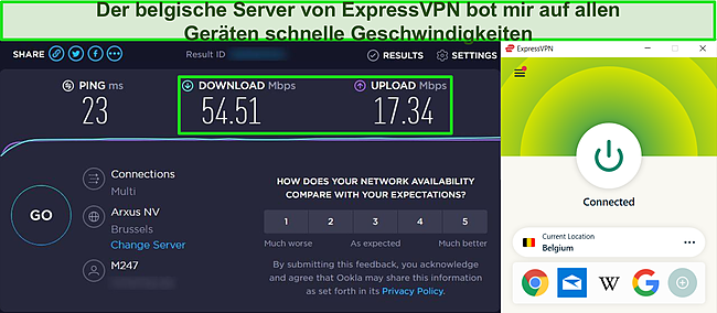 Screenshot von Geschwindigkeitstests, die auf dem Server von ExpressVPN in Belgien durchgeführt wurden.