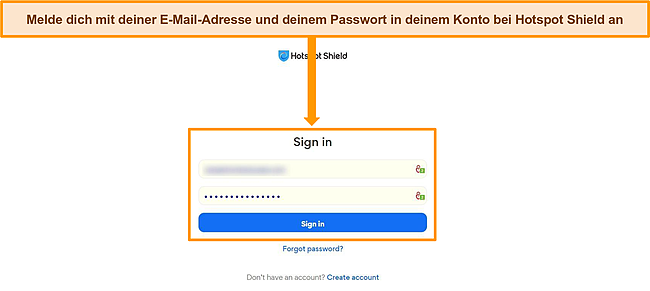 Screenshot des Anmeldebildschirms von Hotspot Shield.
