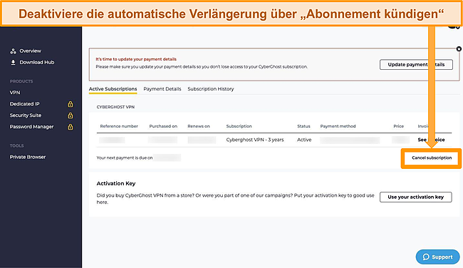 Screenshot, der zeigt, wie ein CyberGhost-Abonnement gekündigt wird.