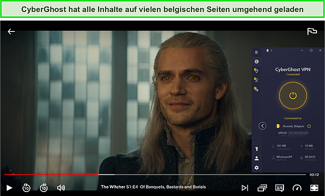 Screenshot von CyberGhost, das The Witcher auf Netflix Belgien entsperrt.