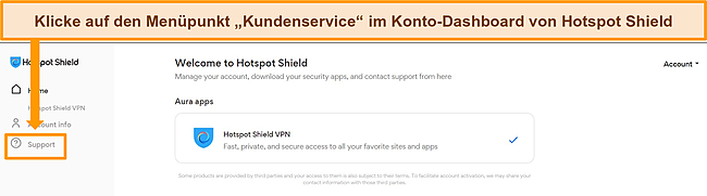 Screenshot des Konto-Dashboards von Hotspot Shield mit hervorgehobener Support-Option.