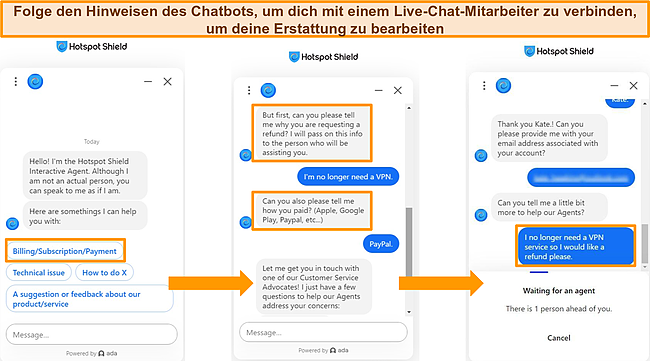 Screenshot der Chatbot-Interaktionen von Hotspot Shield.