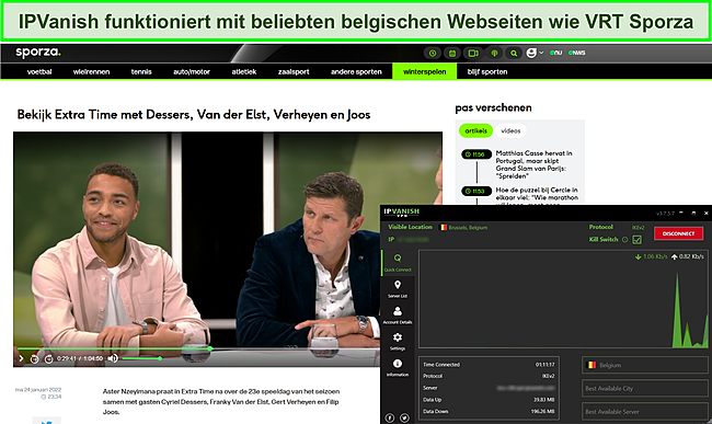 Screenshot von IPVanish, das VRT Sporza in Belgien entsperrt.