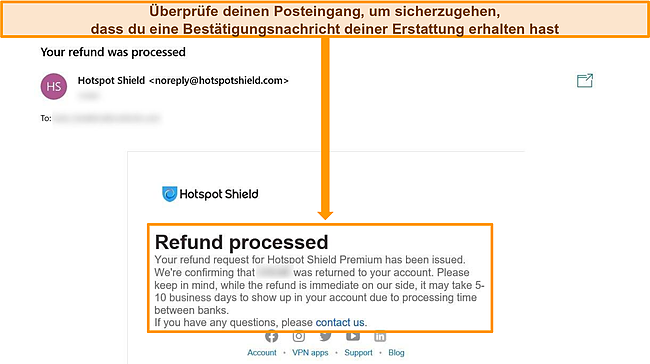 Screenshot einer Rückerstattungsbestätigungs-E-Mail von Hotspot Shield.