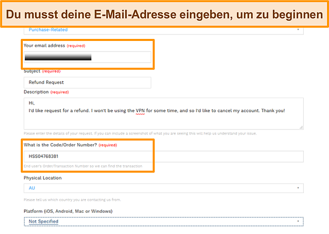 Screenshot des E-Mail-Ticketformulars von Hotspot Shield für die Rückerstattung.