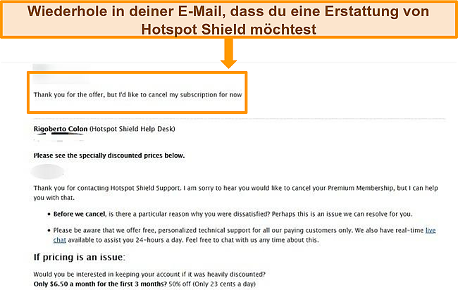 Screenshot des E-Mail-Ticketformulars von Hotspot Shield für die Rückerstattung.