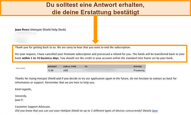 Screenshot der Hotspot Shield-Rückerstattungsbestätigungs-E-Mail.