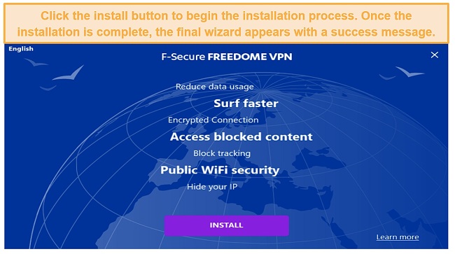 Screenshot of the installation wizard for F-Secure Freedome in Windows