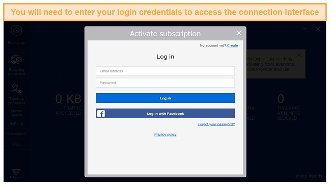 Screenshot of the login interface of F-Secure Freedome