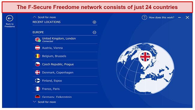 Screenshot of server locations available on F-Secure Freedome VPN