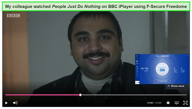 Screenshot of Freedome VPN unblocking BBC iPlayer