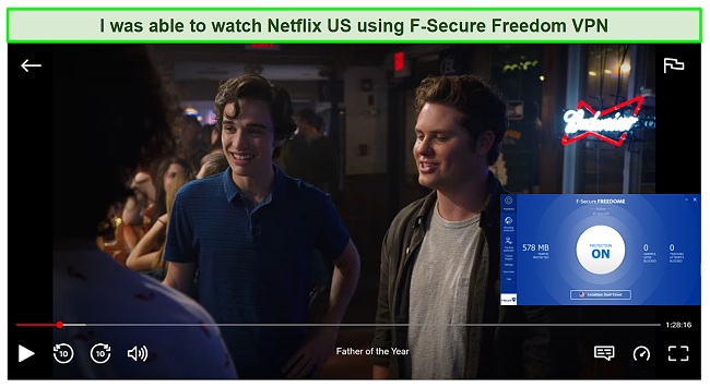 Screenshot of Freedome VPN unblocking US Netflix