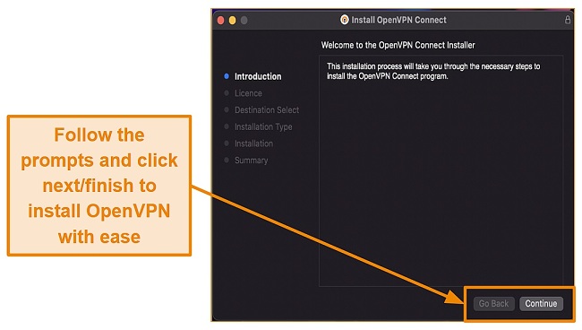 Screenshot illustrating the process of installing the OpenVPN setup file